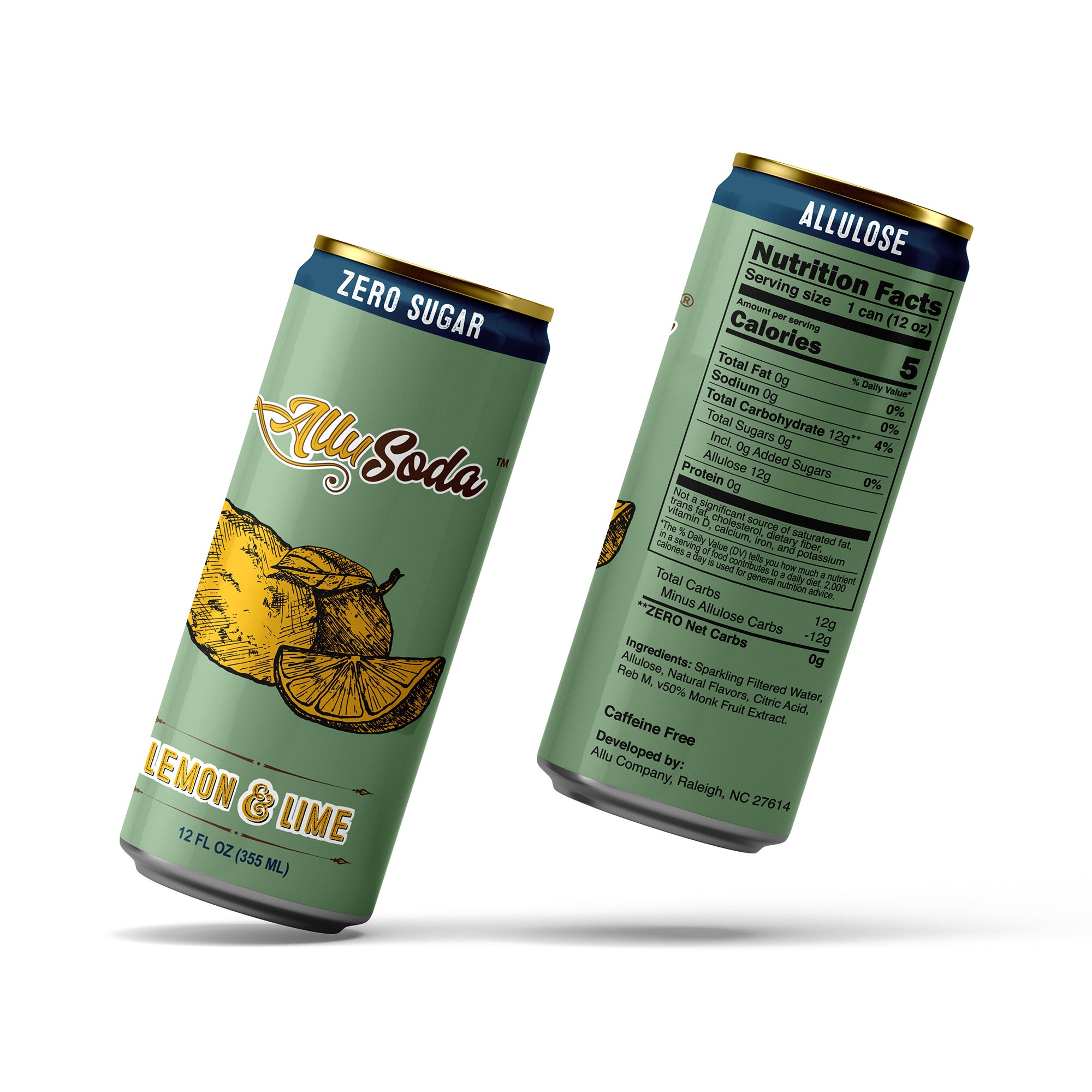 AlluSoda - Zero Sugar Natural Lemon & Lime with allulose cans front & back